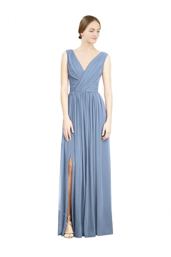 Sleeveless Dusty Blue V-Neck Soft Chiffon A-Line Semi Formal Evening Dress Online
