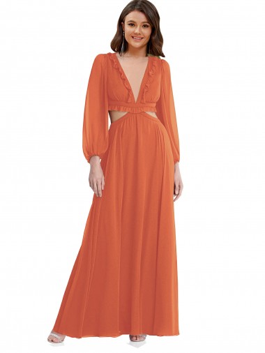 Long Sleeves V-Neck Open Back Soft Chiffon A-Line High Low Evening Dress Online