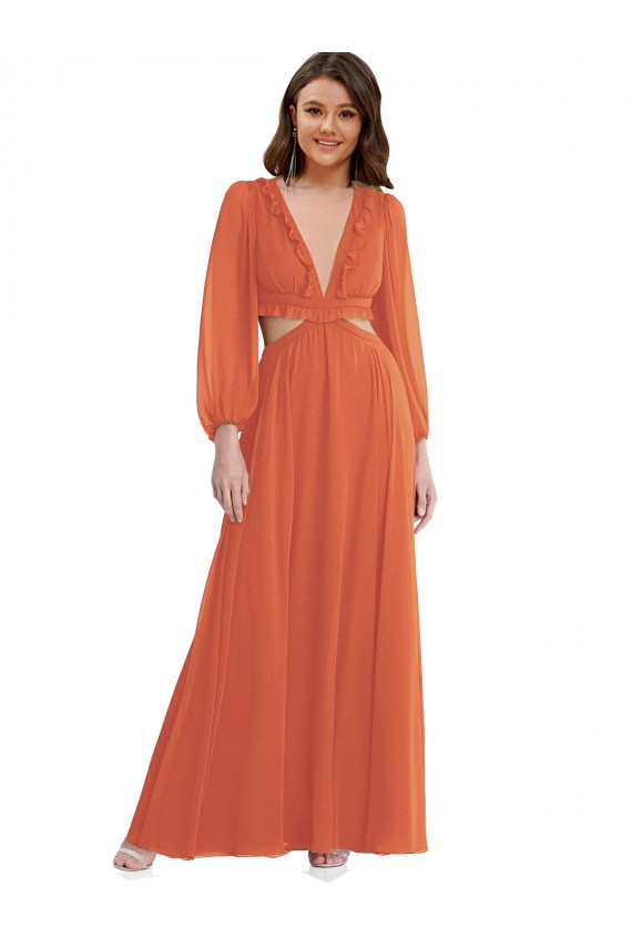Long Sleeves V-Neck Open Back Soft Chiffon A-Line High Low Evening Dress Online