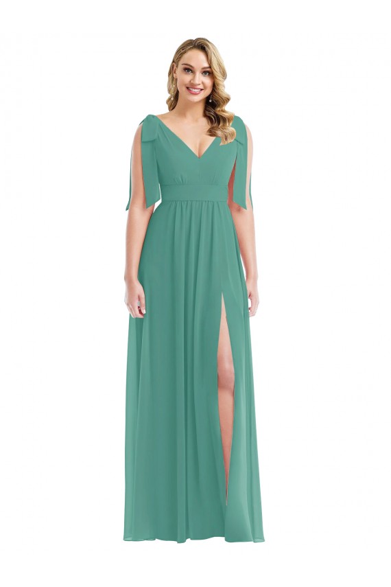 Sleeveless Icelandic Silver V-Neck V-Back Soft Chiffon A-Line Semi Formal Evening Dress Online