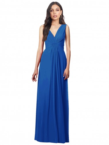 Sleeveless Royal Blue V-Neck V-Back Soft Chiffon A-Line Semi Formal Evening Dress Online