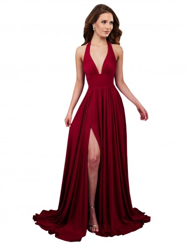 Sleeveless Halter Neck Open Back Spandex A-Line Black Tie Evening Dress Online