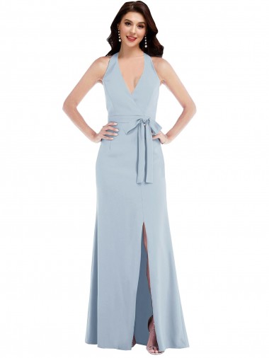 Sleeveless Light Sky Blue Halter Neck Open Back Stretch Crepe A-Line Formal Evening Dress Online