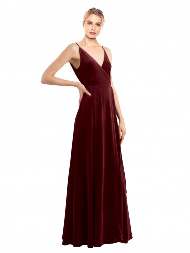 Sleeveless Burgundy V-Neck V-Back Stretch Velvet A-Line Evening Dress Online