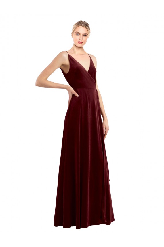 Sleeveless Burgundy V-Neck V-Back Stretch Velvet A-Line Evening Dress Online