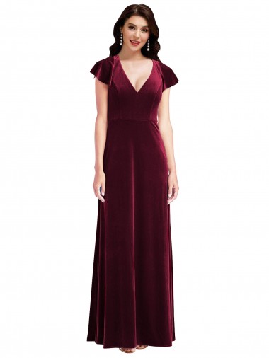 Flutter Sleeves V-Neck Stretch Velvet A-Line Semi Formal Evening Dress Online