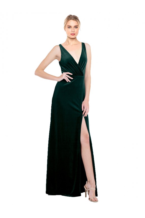 Sleeveless V-Neck V-Back Stretch Velvet A-Line Black Tie Evening Dress Online