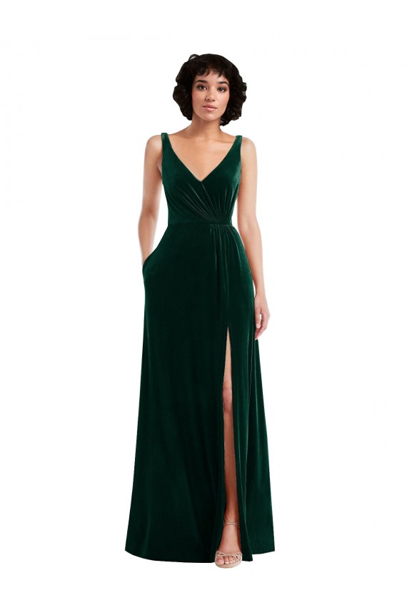 Sleeveless Dark Green V-Neck V-Back Stretch Velvet A-Line Evening Dress Online