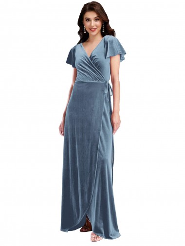 Flutter Sleeves V-Neck Stretch Velvet A-Line Black Tie Evening Dress Online