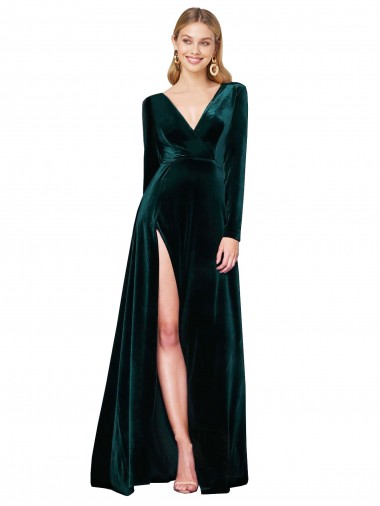 Long Sleeves V-Neck Stretch Velvet A-Line Black Tie Evening Dress Online