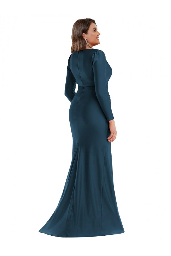 Long Sleeves V-Neck Silky Satin Mermaid Plus Size Formal Evening Dress Online