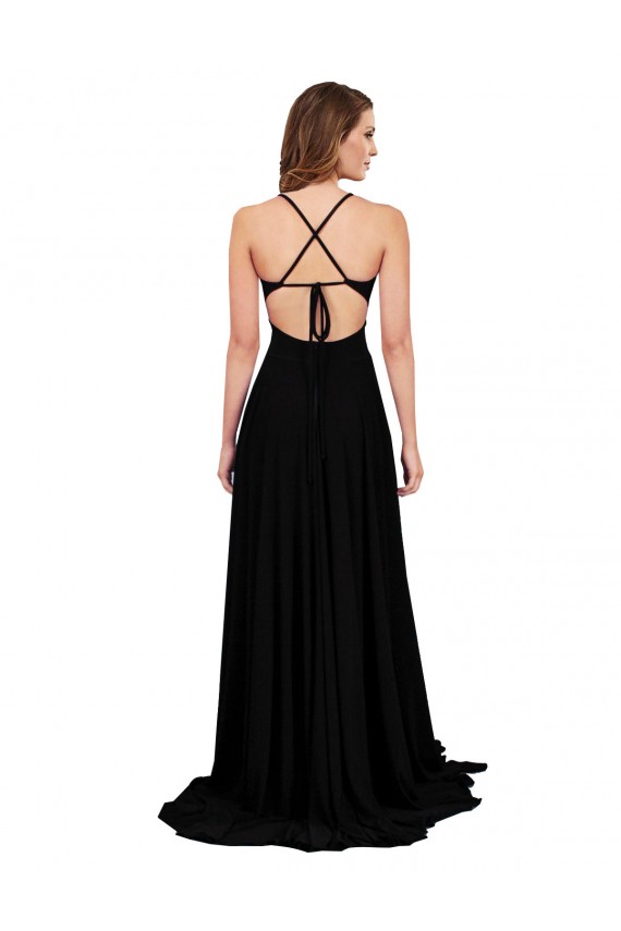 Sleeveless V-Neck Open Back Spandex A-Line Black Tie Evening Dress Online