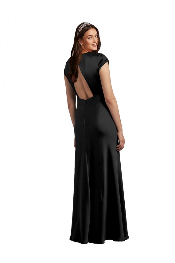 Cap Sleeves V-Neck Keyhole Back Stretch Satin A-Line Formal Evening Dress Online