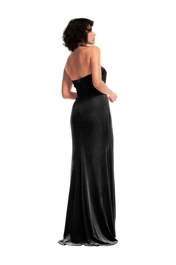 Sleeveless Halter Neck Low Back Stretch Velvet Mermaid Formal Evening Dress Online