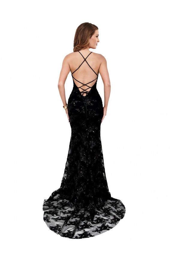 Sleeveless High Neck Open Back Lace Mermaid Black Tie Evening Dress Online