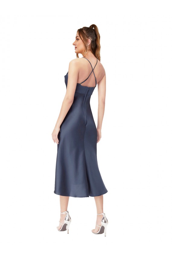 Sleeveless Cowl Neck Criss Cross Back Silky Satin Sheath High Low Evening Dress Online
