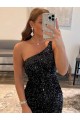 Sleeveless One Shoulder Velvet Sequin Sheath Black Evening Dress Online