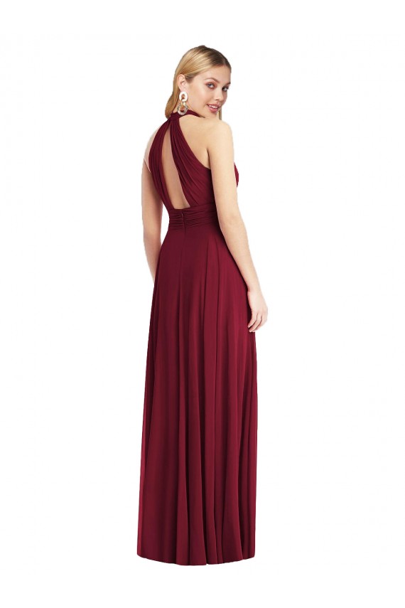 Sleeveless Burgundy Halter Neck Open Back Soft Chiffon A-Line Semi Formal Evening Dress Online
