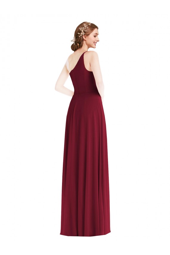 Sleeveless Burgundy One Shoulder Soft Chiffon A-Line Semi Formal Evening Dress Online