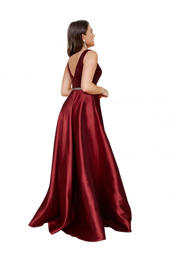 Sleeveless V-Neck V-Back Satin A-Line Plus Size Formal Evening Dress Online