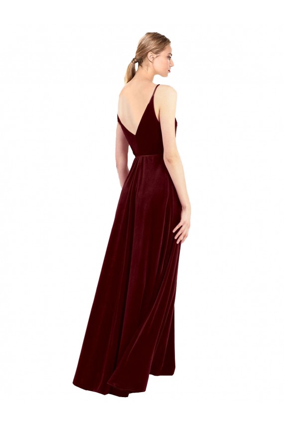 Sleeveless Burgundy V-Neck V-Back Stretch Velvet A-Line Evening Dress Online