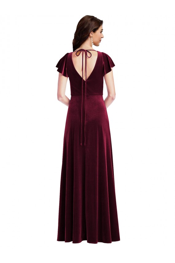 Flutter Sleeves V-Neck Stretch Velvet A-Line Semi Formal Evening Dress Online