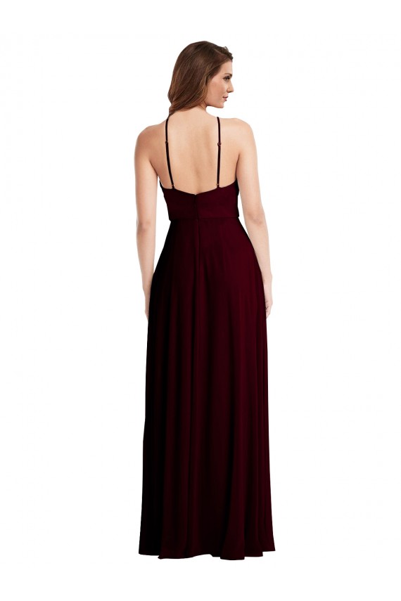 Sleeveless Burgundy Gold Spaghetti Straps Low Back Soft Chiffon A-Line Semi Formal Evening Dress Online