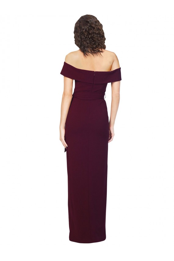 Sleeveless Burgundy Gold Off the Shoulder Low Back Stretch Crepe Sheath Formal Evening Dress Online
