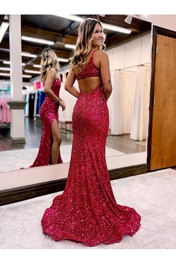Sleeveless One Shoulder Velvet Sequin Mermaid Evening Gowns Online