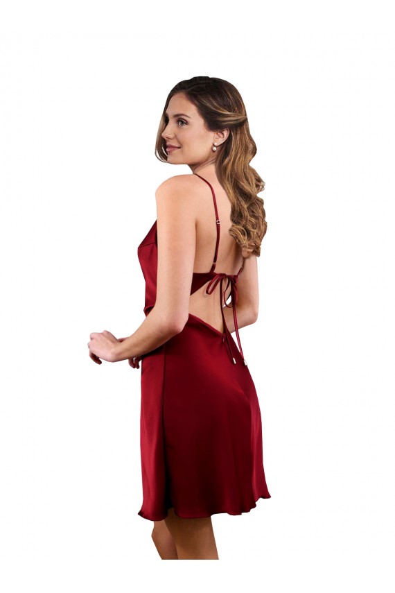 Sleeveless Burgundy Cowl Neck Criss Cross Open Back Silky Satin Sheath Formal Evening Dress Online