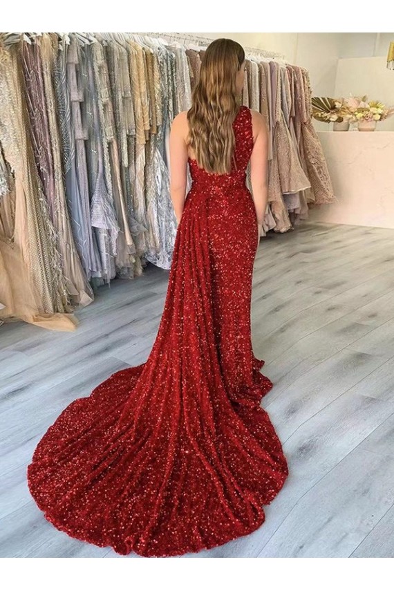Sleeveless Burgundy One Shoulder Velvet Sequin Sheath Evening Dress Online