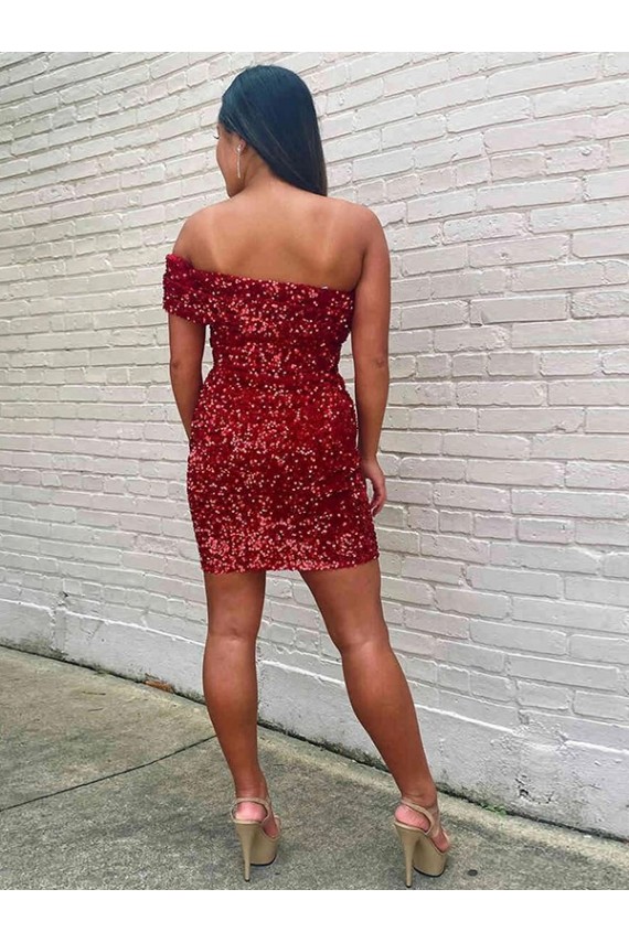 Sleeveless One Shoulder Velvet Sequin Sheath Evening Gowns Online