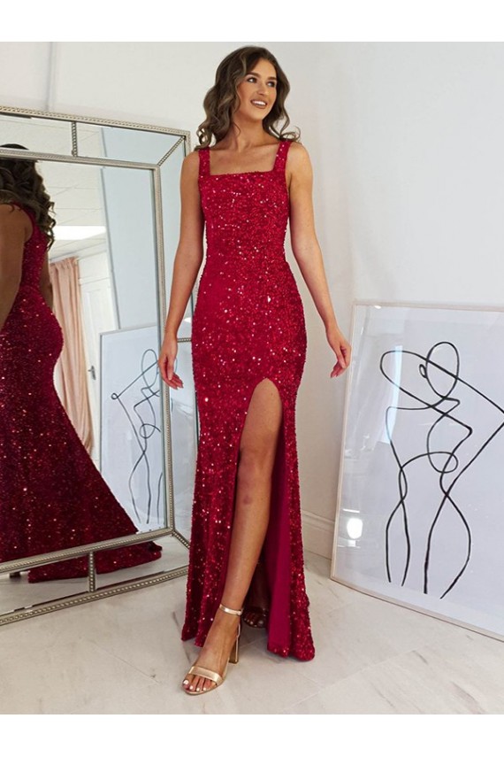 Sleeveless Square Neck Velvet Sequin Sheath Evening Dress Online