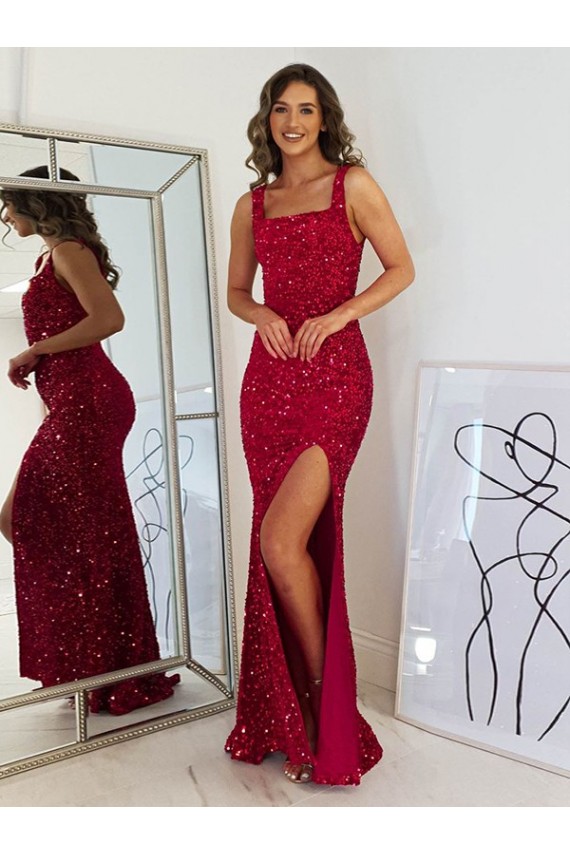 Sleeveless Square Neck Velvet Sequin Sheath Evening Dress Online