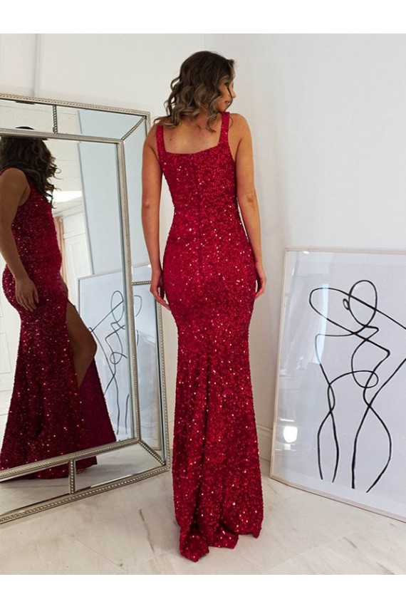 Sleeveless Square Neck Velvet Sequin Sheath Evening Dress Online