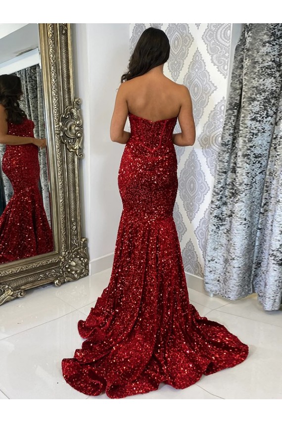 Sleeveless Burgundy Sweetheart Velvet Sequin Sheath Evening Gown Online