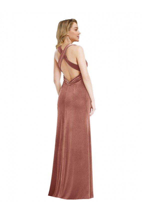 Sleeveless V-Neck Criss Cross Open Back Stretch Velvet A-Line Evening Dress Online