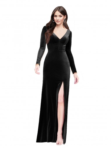 Long Sleeves V-Neck V-Back Stretch Velvet Column Formal Evening Dress Online