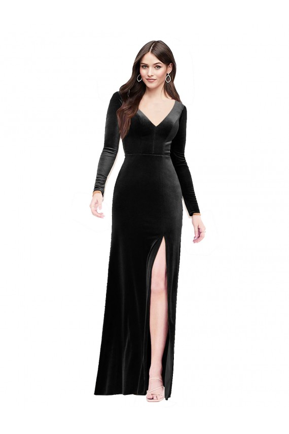 Long Sleeves V-Neck V-Back Stretch Velvet Column Formal Evening Dress Online