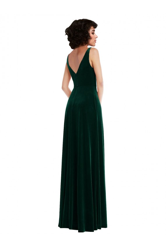Sleeveless Dark Green V-Neck V-Back Stretch Velvet A-Line Evening Dress Online