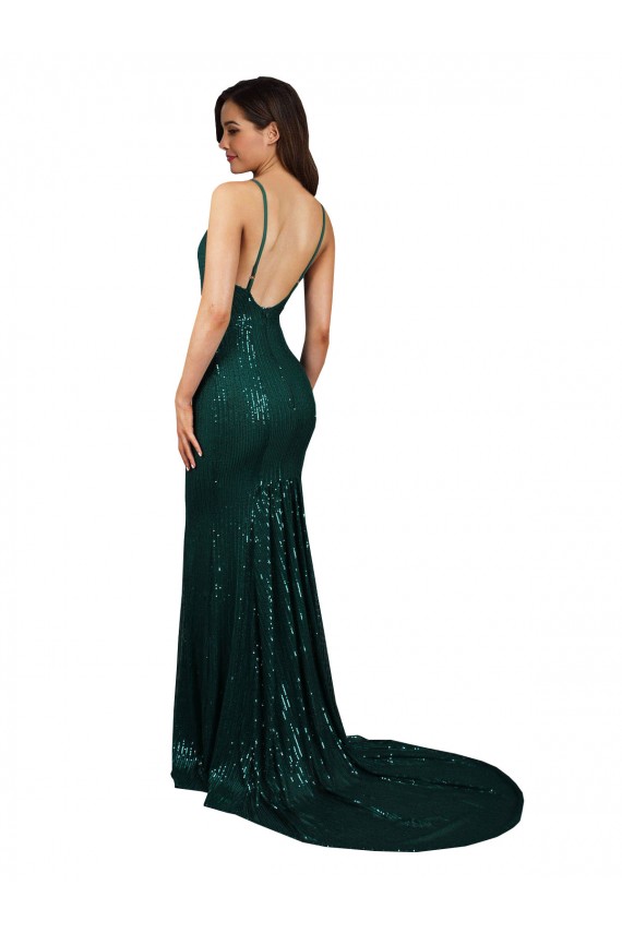 Sleeveless Dark Green V-Neck Low Back Sequin Mermaid Formal Evening Dress Online