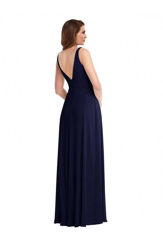 Sleeveless Dark Navy V-Neck V-Back Soft Chiffon A-Line Black Tie Evening Dress Online