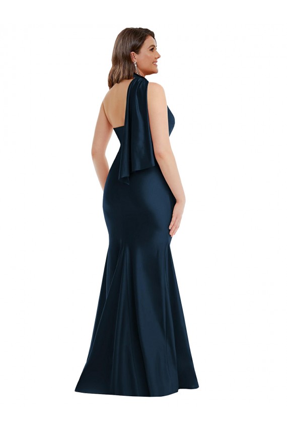 Sleeveless Dark Navy One Shoulder Silky Satin Mermaid Plus Size Formal Evening Dress Online