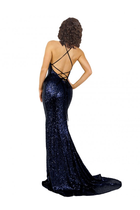 Sleeveless Dark Navy V-Neck Low Back Sequin Mermaid Formal Evening Dress Online