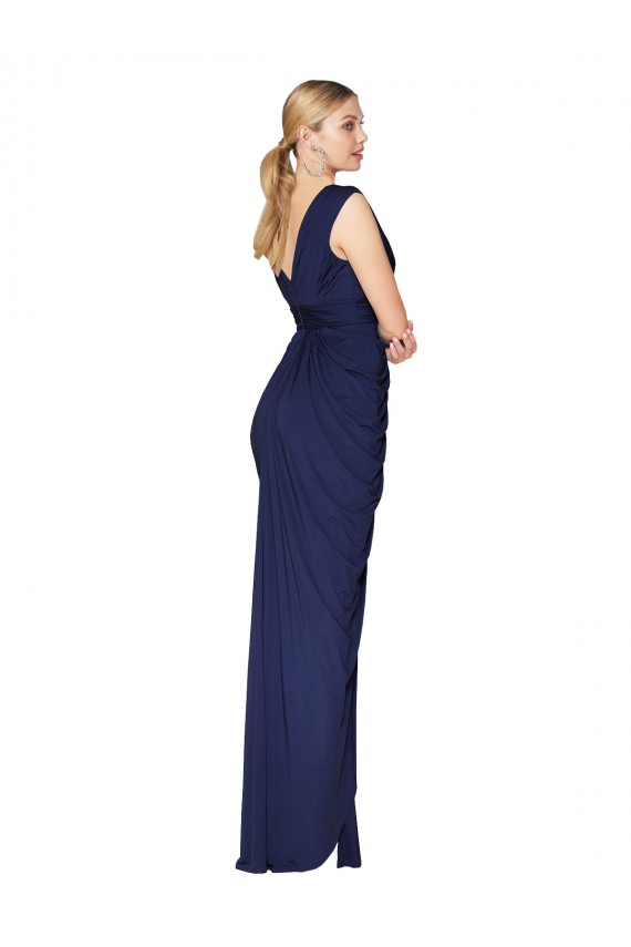 Sleeveless Dark Navy V-Neck V-Back Soft Chiffon Mermaid Formal Evening Dress Online