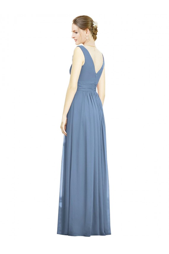 Sleeveless Dusty Blue V-Neck Soft Chiffon A-Line Semi Formal Evening Dress Online