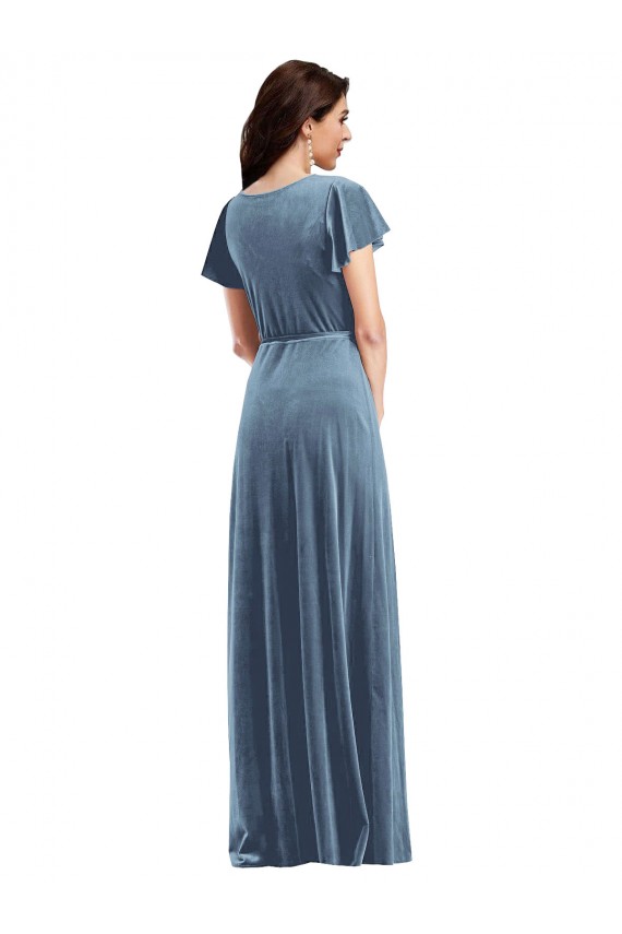 Flutter Sleeves V-Neck Stretch Velvet A-Line Black Tie Evening Dress Online