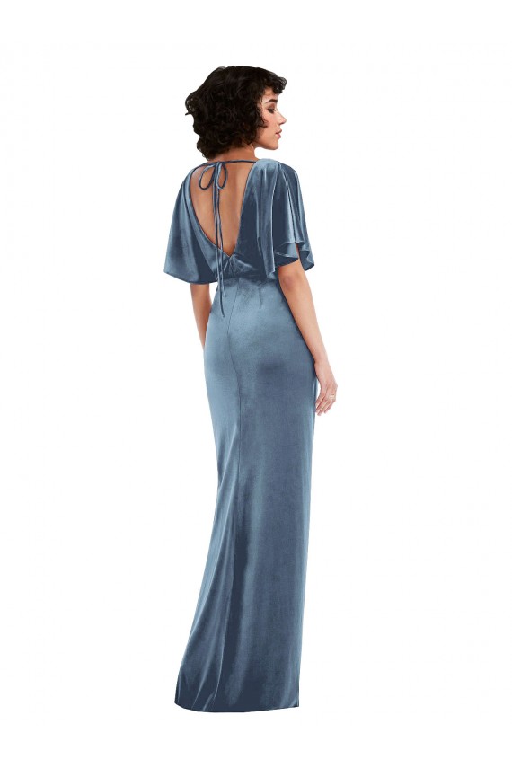 Flutter Sleeves Open Back Stretch Velvet Sheath Semi Formal Evening Dress Online