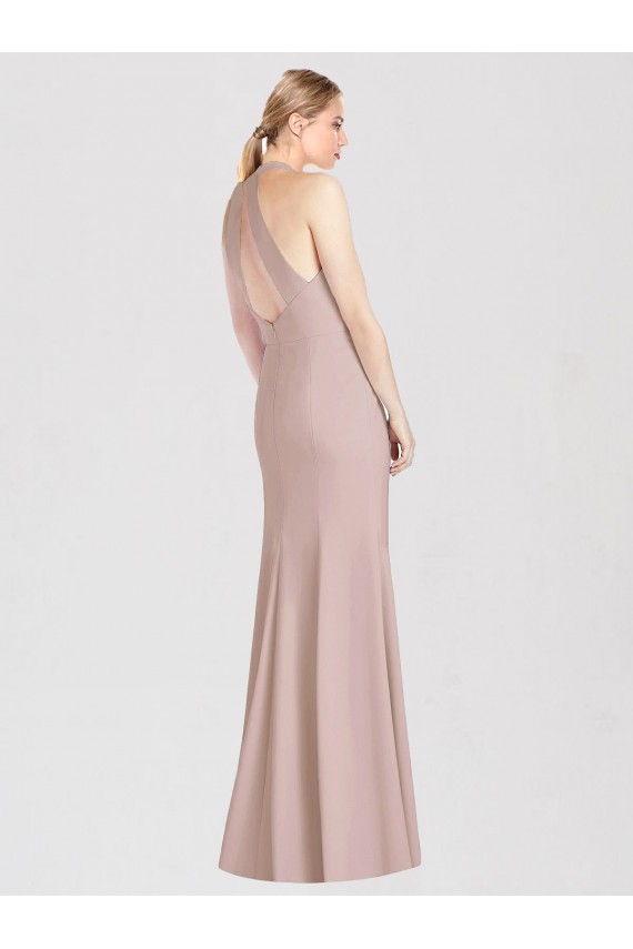 Sleeveless Halter Neck Open Back Stretch Crepe Trumpet Semi Formal Evening Dress Online