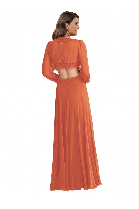 Long Sleeves V-Neck Open Back Soft Chiffon A-Line High Low Evening Dress Online